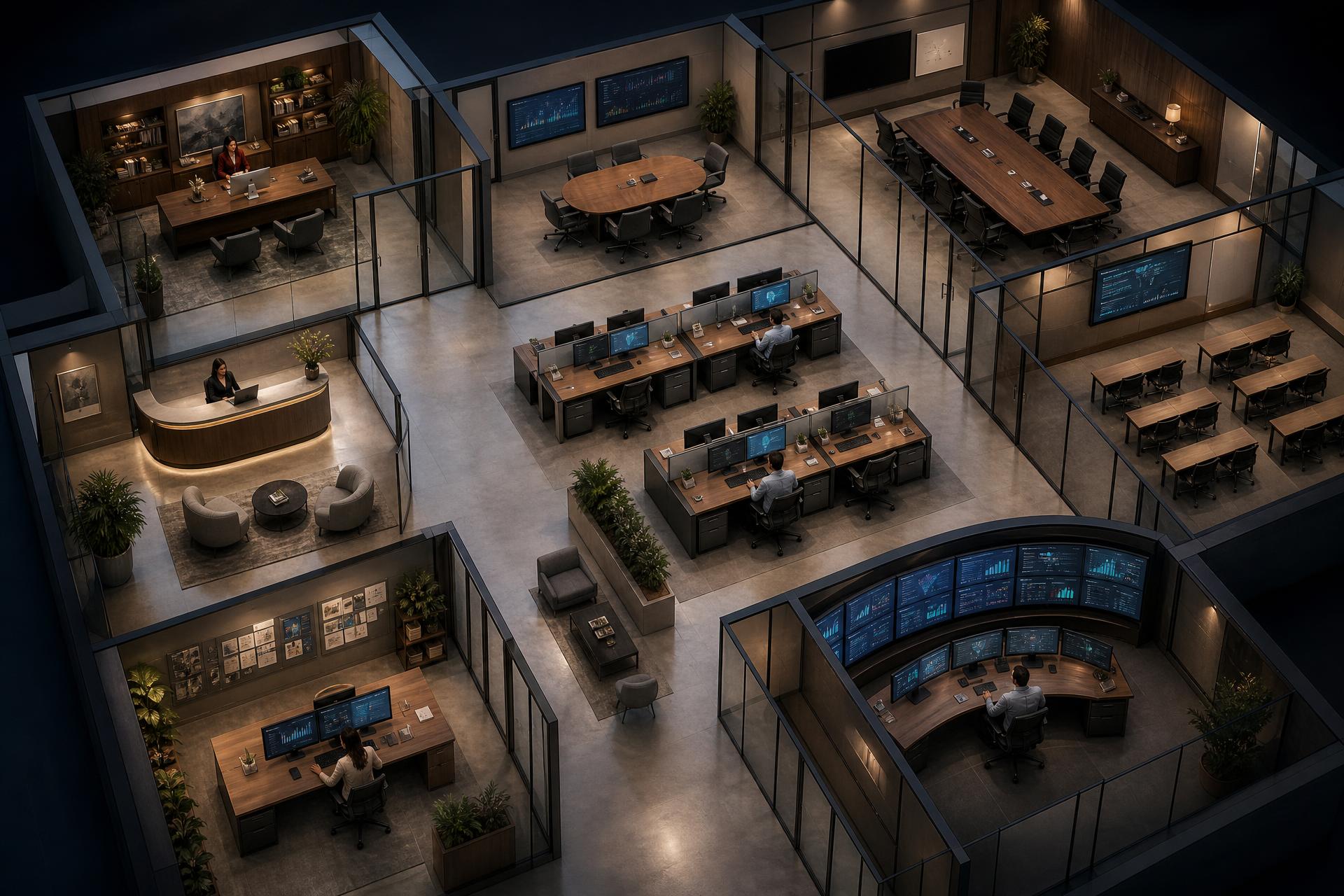 Cinematic render of the Yangu Office digital headquarters